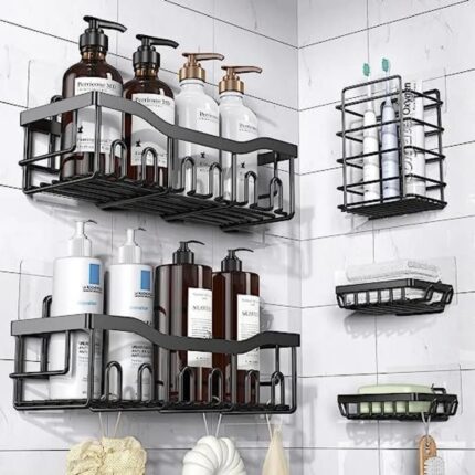 5Pcs Set Shower Caddy Shelf Bathroom Organizer – Rustproof & No Drilling