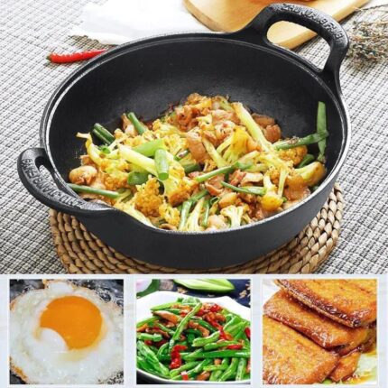 Pre-Seasoned Pure Cast Iron Flat Bottom Wok with Wooden Lid – Durable & Non-Stick