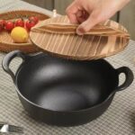Pre-Seasoned Pure Cast Iron Flat Bottom Wok with Wooden Lid – Durable & Non-Stick