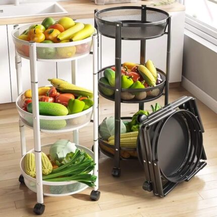 Round Rotating Multi-Layer Folding Trolley Cart with Wheels