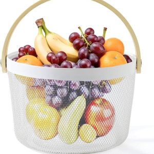 High Quality ROUND PANTRY Mesh Wire Fruit Basket with Wooden Handle