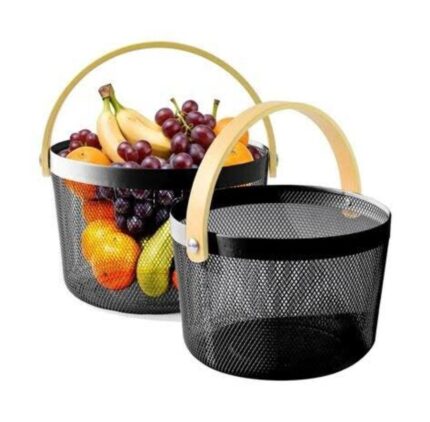 High Quality ROUND PANTRY Mesh Wire Fruit Basket with Wooden Handle