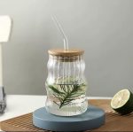 Striped Glass Cup with Bamboo Lid