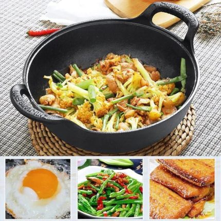 Pure Cast Iron Flat Bottom Wok with Wooden Lid