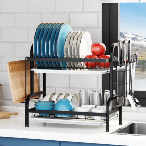 2Tier Carbon Steel Dish Rack with Cutlery Holder & Chop Board Holder