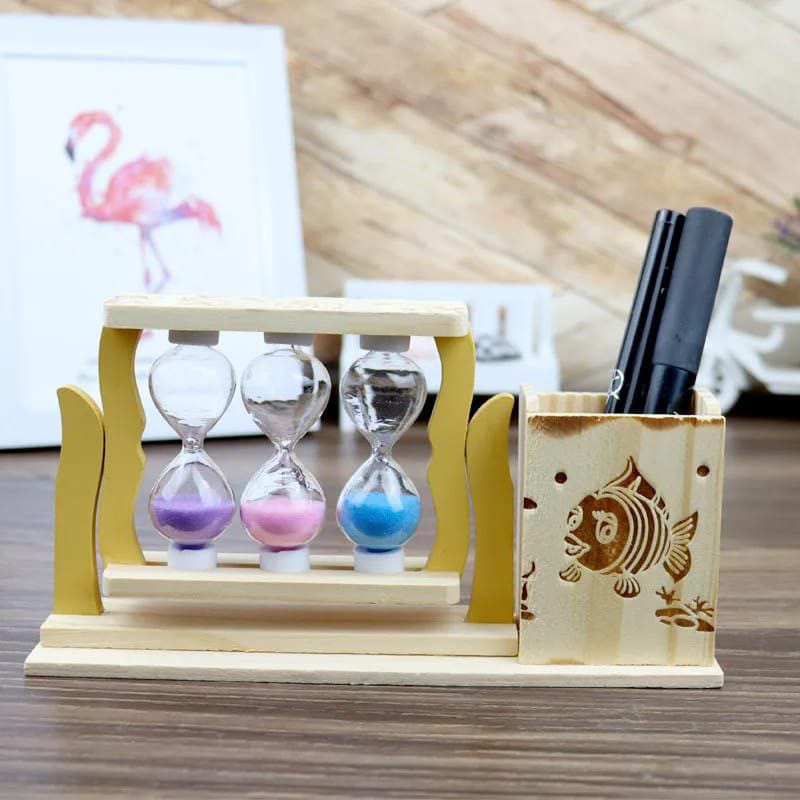 Handicraft Wooden Pen Stand with 3 Hourglass Timer Handicraft Wooden Pen Stand with 3 Hourglass Timer