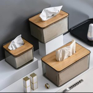 Acrylic Transparent Serviette Holder with Bamboo Cover