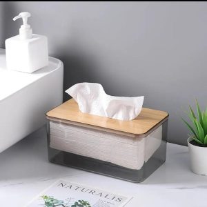 Acrylic Transparent Serviette Holder with Bamboo Cover