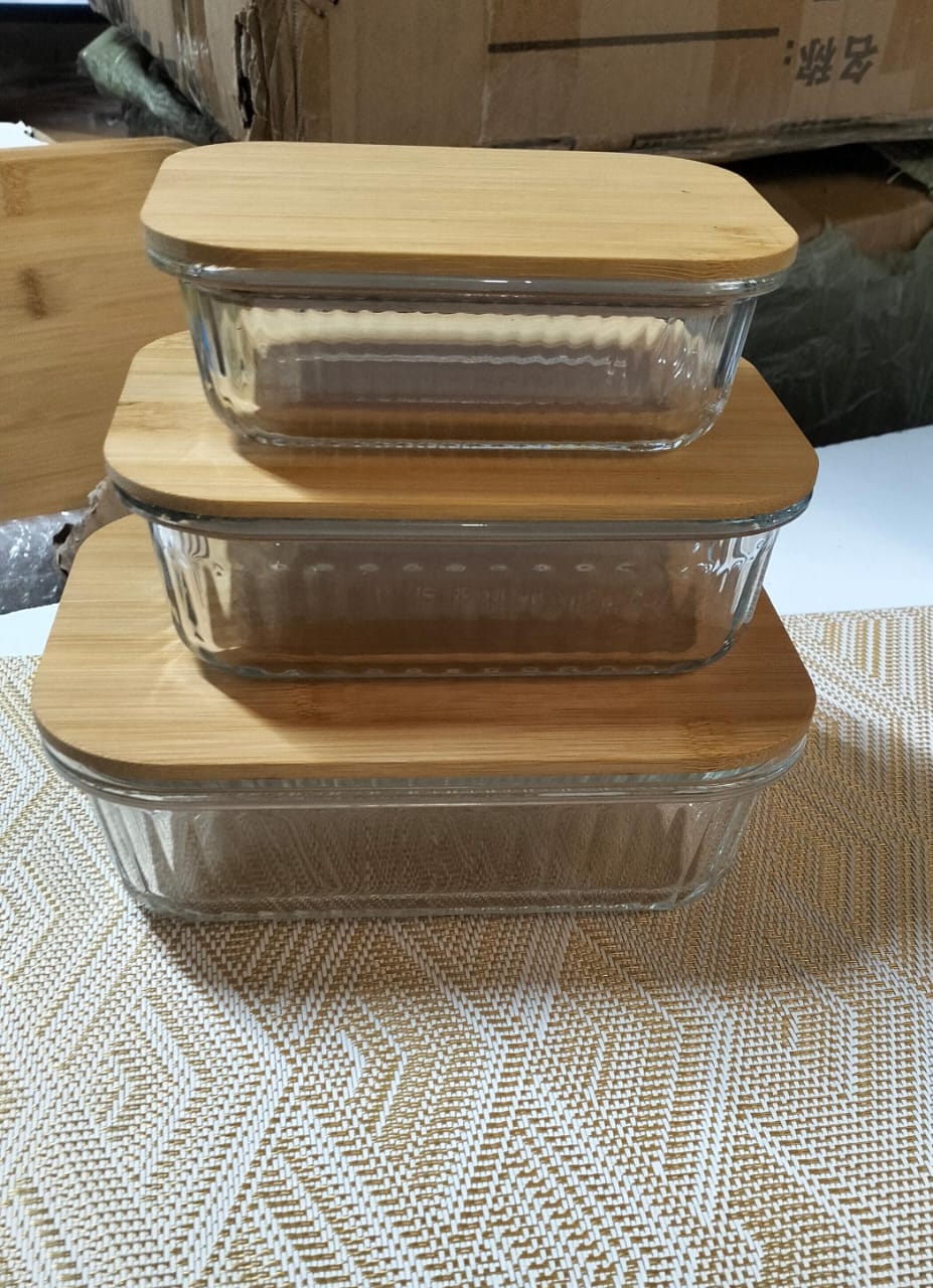 Ribbed Glass Food Storage Containers with Bamboo Lids Ribbed Glass Food Storage Containers with Bamboo Lids