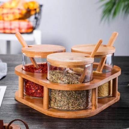 3 PCS Glass Spice Containers (15oz) with Bamboo Holder