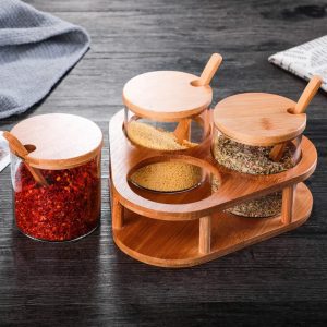 3 PCS Glass Spice Containers (15oz) with Bamboo Holder