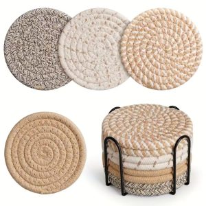 Rattan Coasters with Metallic Holder set