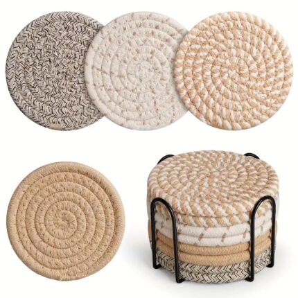 Rattan Coasters with Metallic Holder set