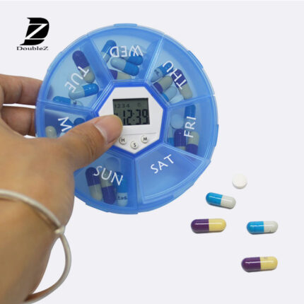 Alarm Clock Pill Dispenser – 7-Compartment Electronic Medication Reminder (PP+ABS, Blue, 4-Alarm)