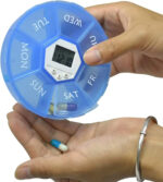 Alarm Clock Pill Dispenser – 7-Compartment Electronic Medication Reminder (PP+ABS, Blue, 4-Alarm)