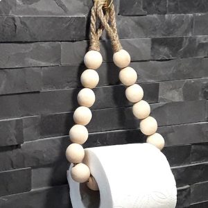 Creative Natural Wood Beaded Toilet Paper Roll Holder – Hand-Woven Hemp Rope, Minimalist Design