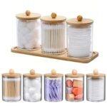 3 Pcs Set Acrylic Swab Storage Organizer with Bamboo Holder – Clear Acrylic Vanity Organizer