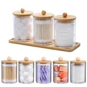 3 Pcs Set Acrylic Swab Storage Organizer with Bamboo Holder – Clear Acrylic Vanity Organizer