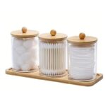 3 Pcs Set Acrylic Swab Storage Organizer with Bamboo Holder – Clear Acrylic Vanity Organizer