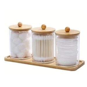 3 Pcs Set Acrylic Swab Storage Organizer with Bamboo Holder – Clear Acrylic Vanity Organizer
