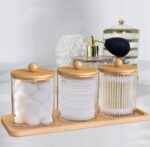 3 Pcs Set Acrylic Swab Storage Organizer with Bamboo Holder – Clear Acrylic Vanity Organizer