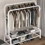 Double Pole Clothing Rack with Wheels and Shoe Rack – Mobile, Durable & Space-Saving
