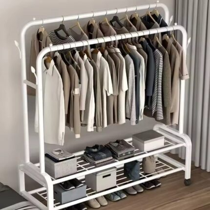 Double Pole Clothing Rack with Wheels and Shoe Rack – Mobile, Durable & Space-Saving