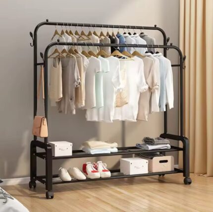 Double Pole Clothing Rack with Wheels and Shoe Rack – Mobile, Durable & Space-Saving