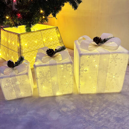 3PCS Set Christmas Decoration Gift Box with Lights (Red & Silver)