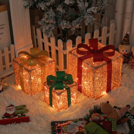 3PCS Set Christmas Decoration Gift Box with Lights (Red & Silver)