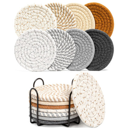 8pcs Rattan Coasters with Metallic Holder