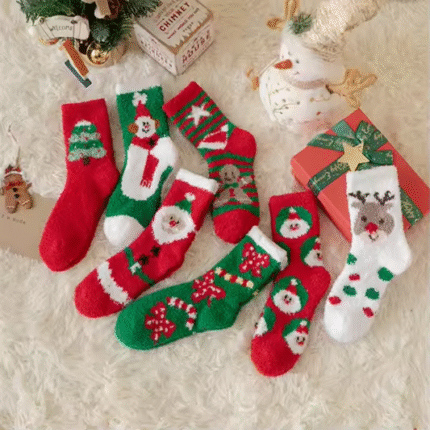 Coral Fleece Cute Christmas Socks – Warm Santa & Snowman Design for Adults & Kids