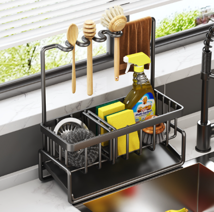 Multifunctional Sink Storage Caddy – Carbon Steel Water-Drain Rack with Towel Rod