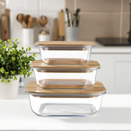 3 Pcs Glass Bowls with Bamboo Lid