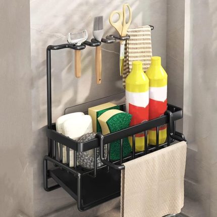 Multifunctional Sink Storage Caddy – Carbon Steel Water-Drain Rack with Towel Rod