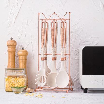 7‑pcs High Quality Silicone Kitchen Utensil Set with Storage Rack (Black Marble & White Marble)