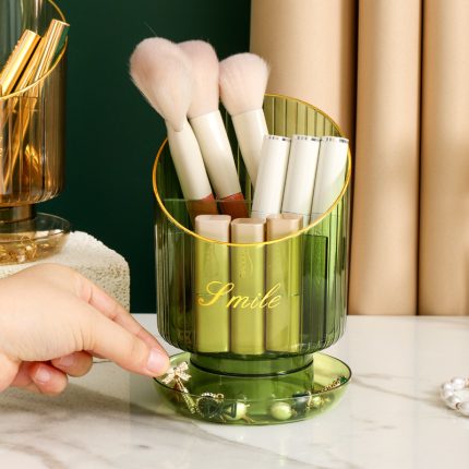Rotating Makeup Brush Holder – Luxury Cosmetic Organizer (Green/Gold)