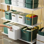 Luxury Storage Basket with Lid – Green & White PP Organizer