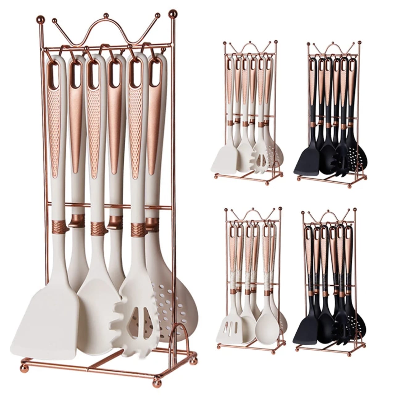 7‑pcs High Quality Silicone Kitchen Utensil Set with Storage Rack (Black Marble & White Marble) 7‑pcs High Quality Silicone Kitchen Utensil Set with Storage Rack (Black Marble & White Marble)