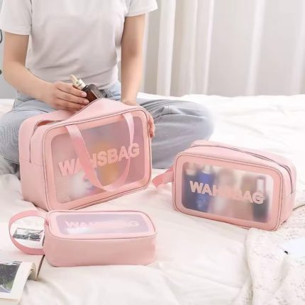 3 pcs Wash Bag Pouch – Wide Base (31 cm, 21 cm, 16 cm) – Black, Pink & White