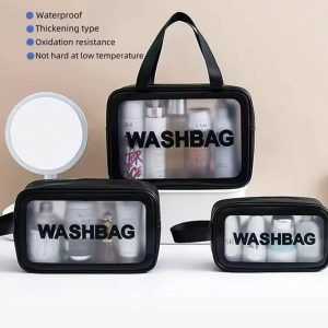 3 pcs Wash Bag Pouch – Wide Base (31 cm, 21 cm, 16 cm) – Black, Pink & White