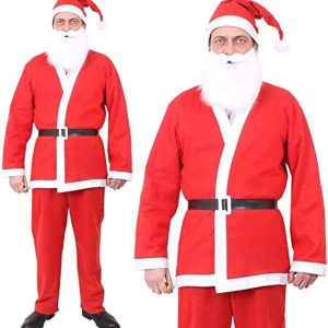 Santa Adults Christmas Outfit – Free Size Non-Woven Suit (Hat + Belt + Top + Trousers + Beard Set)