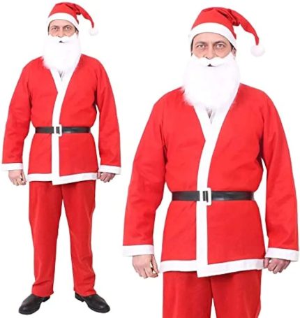 Santa Adults Christmas Outfit – Free Size Non-Woven Suit (Hat + Belt + Top + Trousers + Beard Set)
