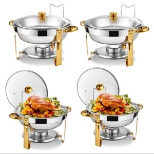 Elegant Round Stainless Steel Chafing Dish with Golden Accents – 5 L