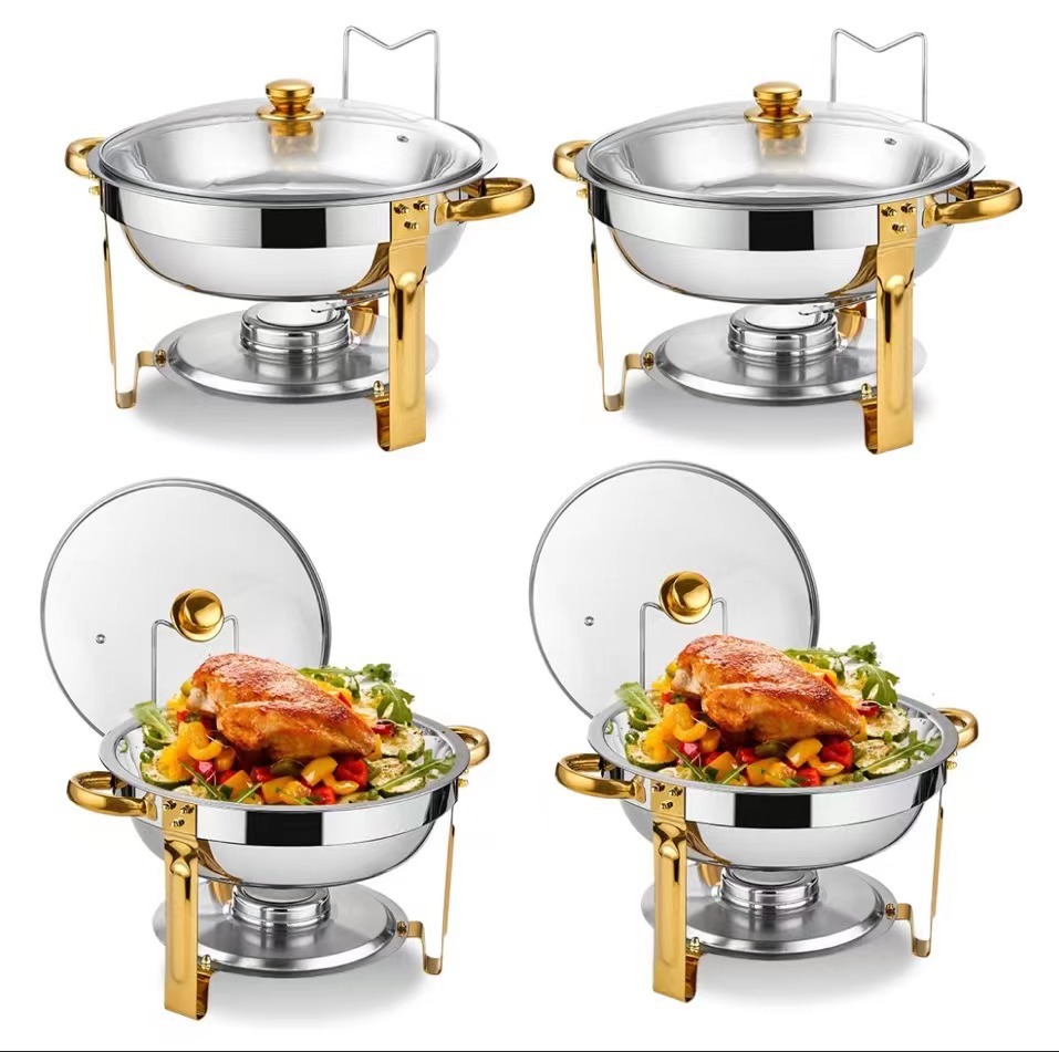 Elegant Round Stainless Steel Chafing Dish with Golden Accents – 5 L Elegant Round Stainless Steel Chafing Dish with Golden Accents – 5 L