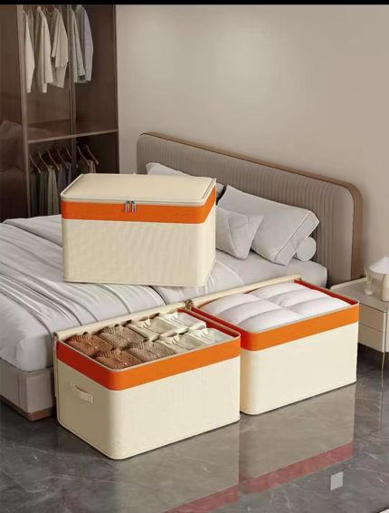 Canvas Quilt Clothing Storage Organizer (Beige, Foldable, 63 × 43 × 35 cm)