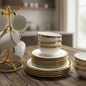 24 pcs Gold Ring Dinner Set – Ceramic White with Gold Rim (10″ dinner, 8″ side, 5″ bowl & 335 ml cup)