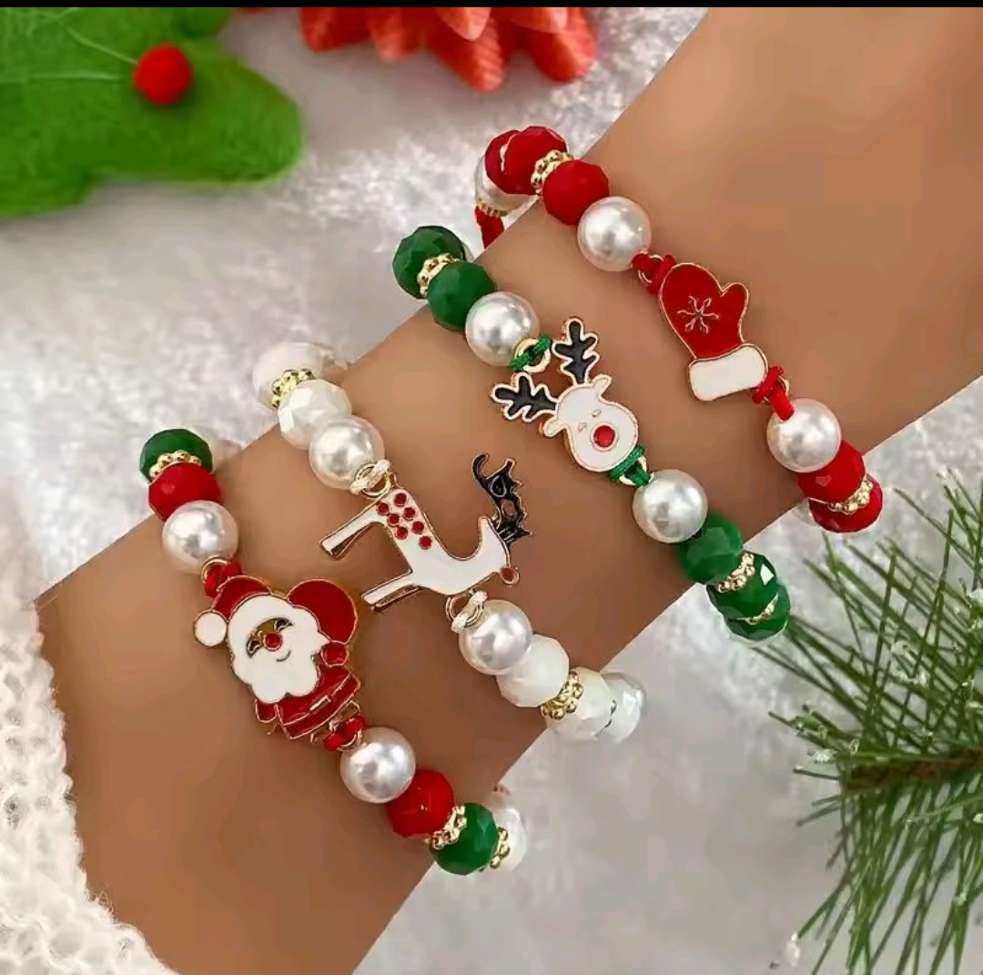 Christmas Themed Bracelets – 4‑Pack Festive Beaded Bracelet Set Christmas Themed Bracelets – 4‑Pack Festive Beaded Bracelet Set