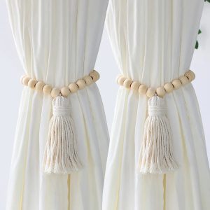Macrame Curtain Tiebacks – Wooden Beads Boho Curtain Accessories for Home Decor (Set of 2)