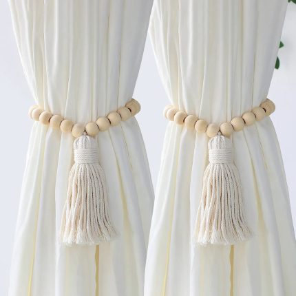 Macrame Curtain Tiebacks – Wooden Beads Boho Curtain Accessories for Home Decor (Set of 2)
